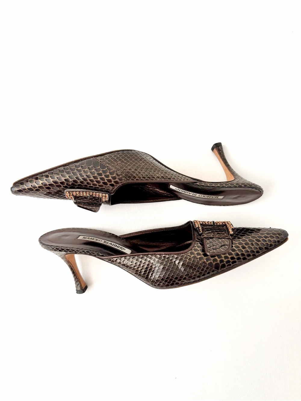 MANOLO BLAHNIK | Vintage Brown Python Snakeskin Crystal Buckle Mule Heels 39.5 - Picture 6 of 13